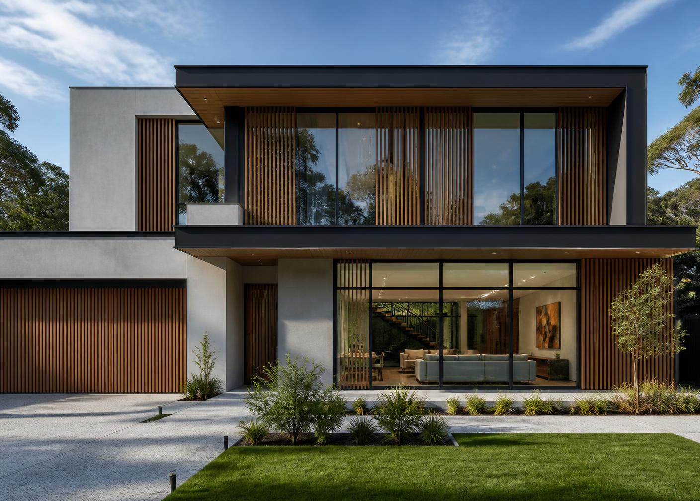 Fachada de residência contemporânea com esquadrias de alumínio escuras e grandes panos de vidro